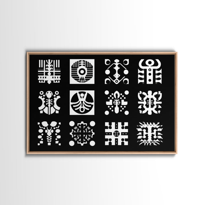 Black And White African Tribal Symbols Wall Art, Geometric Pattern Print, Afrocentric Decor, Modern African Art, Bold Office Decor
