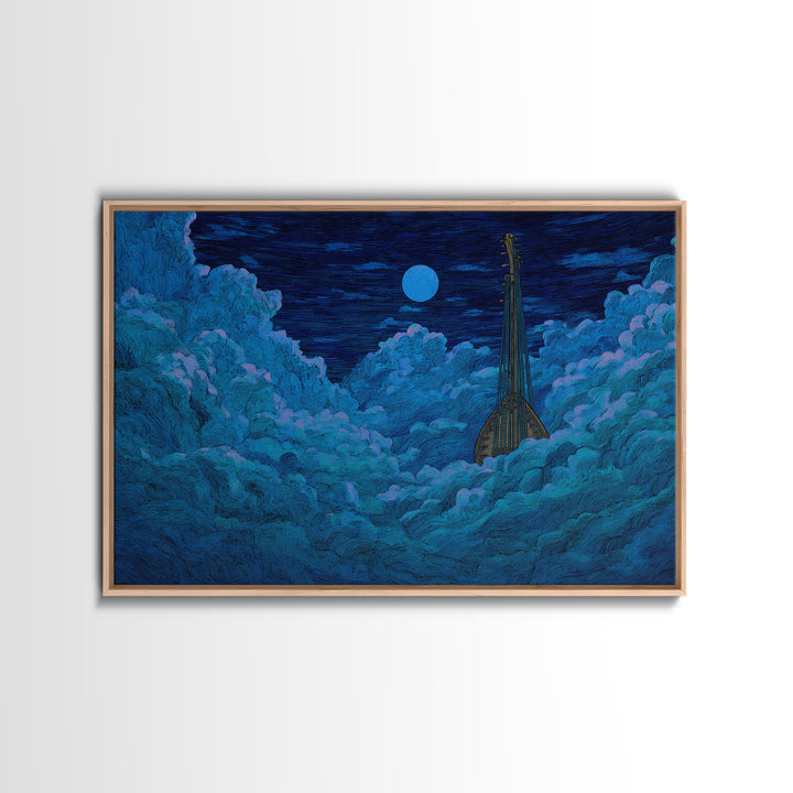 Blue Moon African Kora In Clouds Canvas Print, Dreamy Night Sky Wall Art, Afrocentric Music Decor, Mystical Bedroom Decor