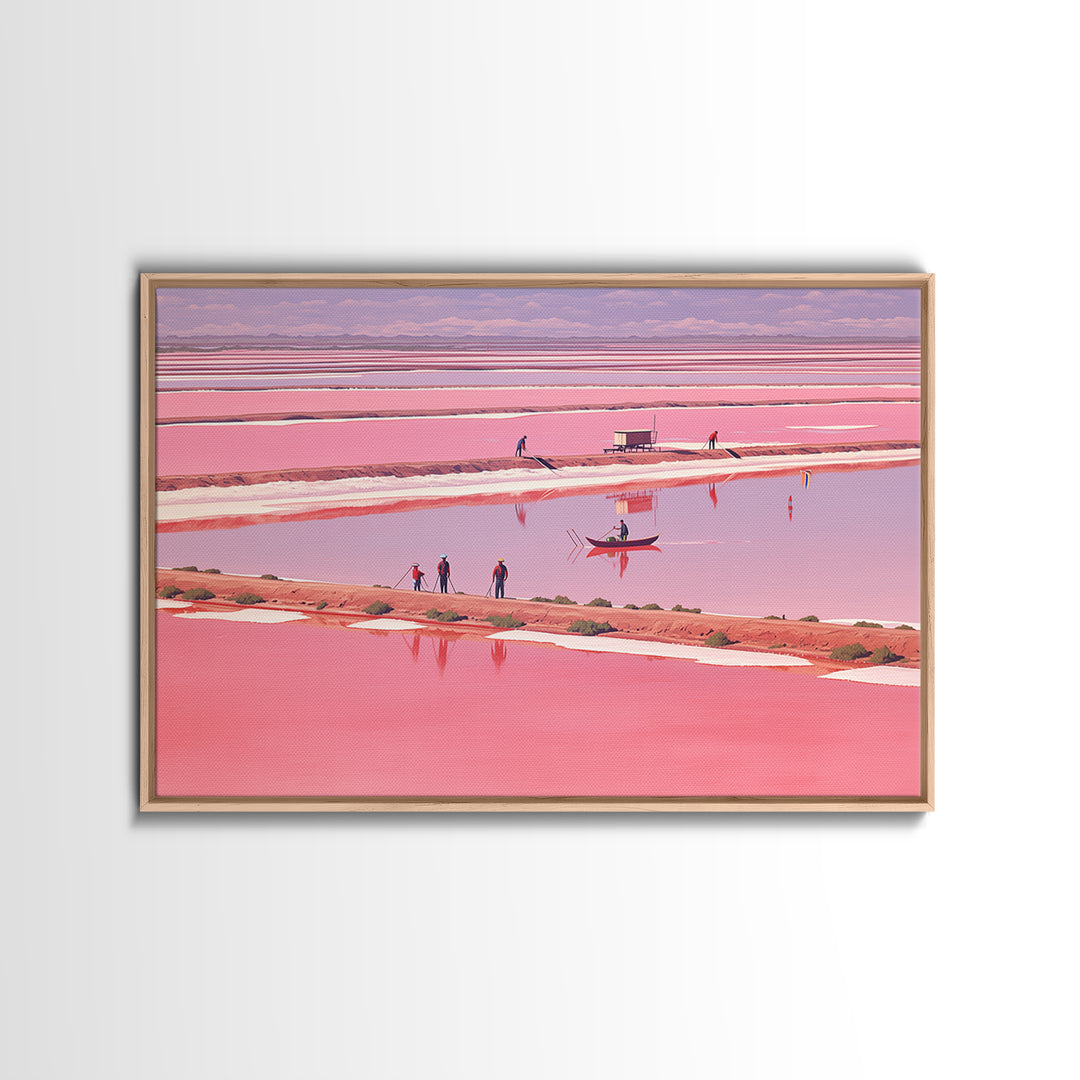 Pink African Salt Lake With Boats Wall Art, Senegal Inspired Landscape, Pastel Travel Print, Coastal Home Decor, Unique Gift