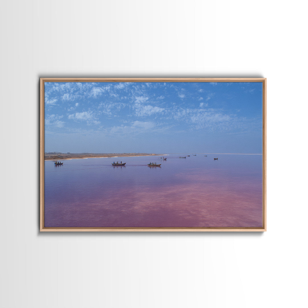 Wide Pink African Lake With Fishing Boats Wall Art, Serene Travel Photography, Blue Sky Canvas Print, Coastal Living Room Decor