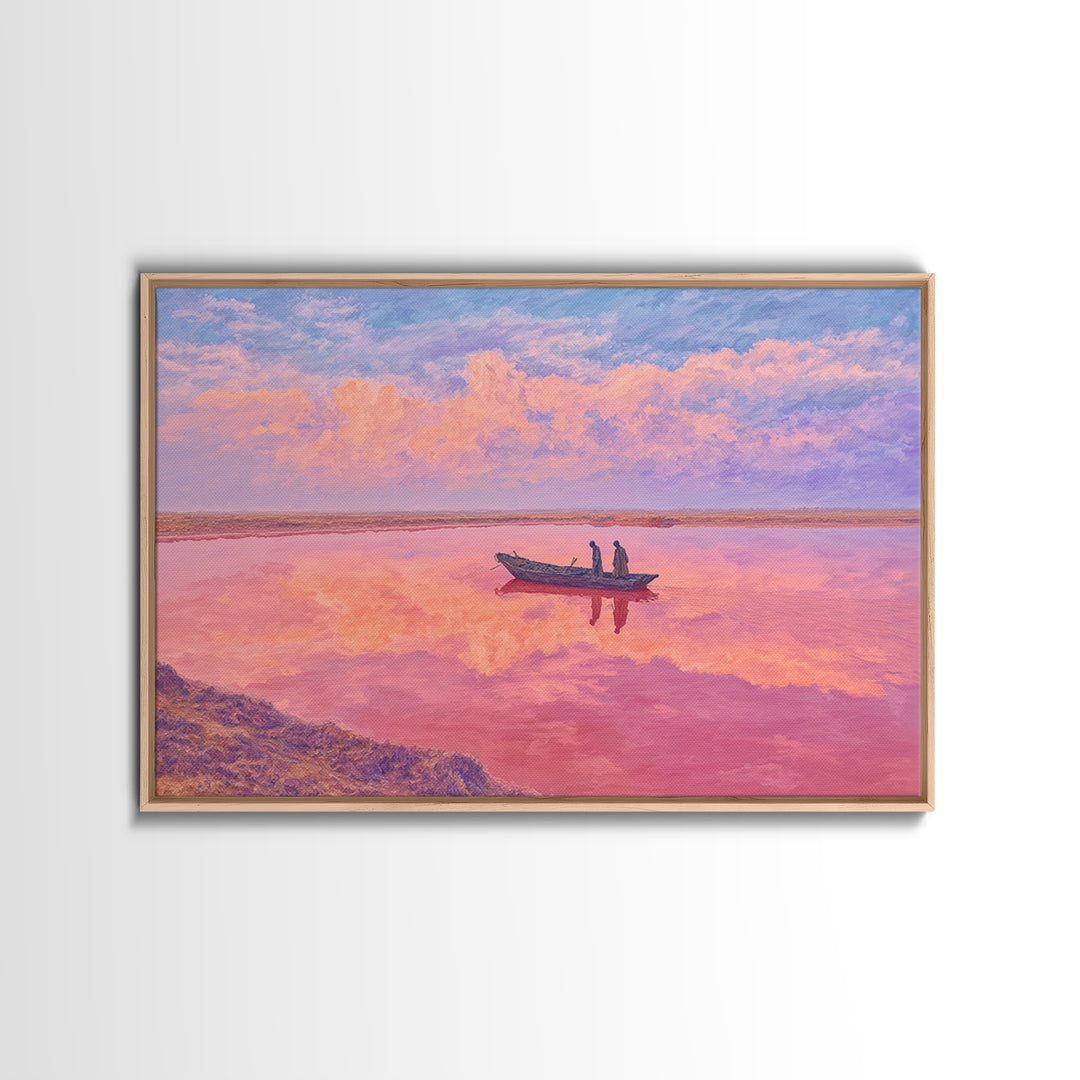 Pastel Pink Lake Boat At Sunset Canvas Print, African Landscape Wall Art, Dreamy Coastal Decor, Senegal Inspired Travel Gift