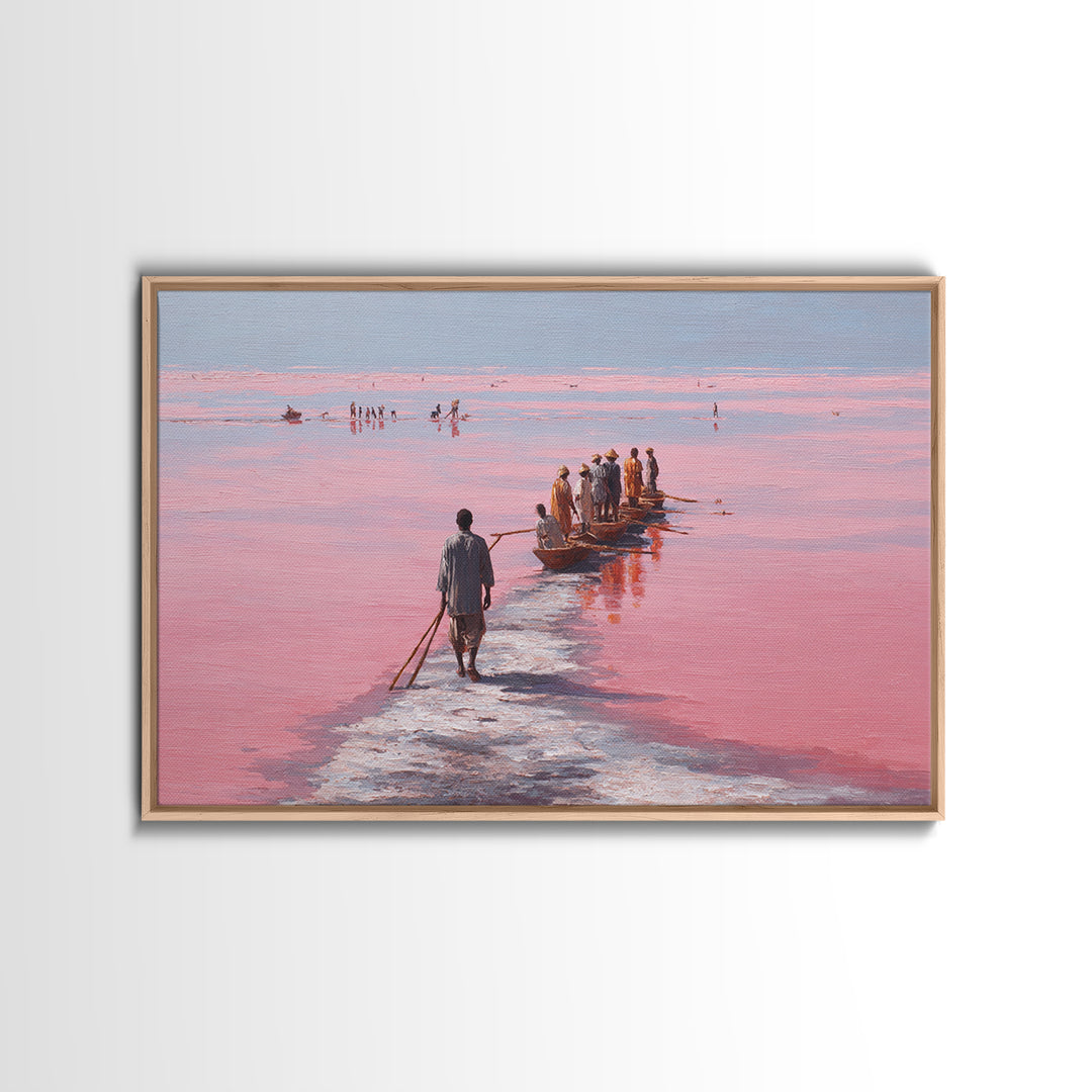 Pink Salt Lake Fishermen And Boats Wall Art, African Landscape, Senegal Travel Poster, Coastal Fishing Decor, Large Canvas
