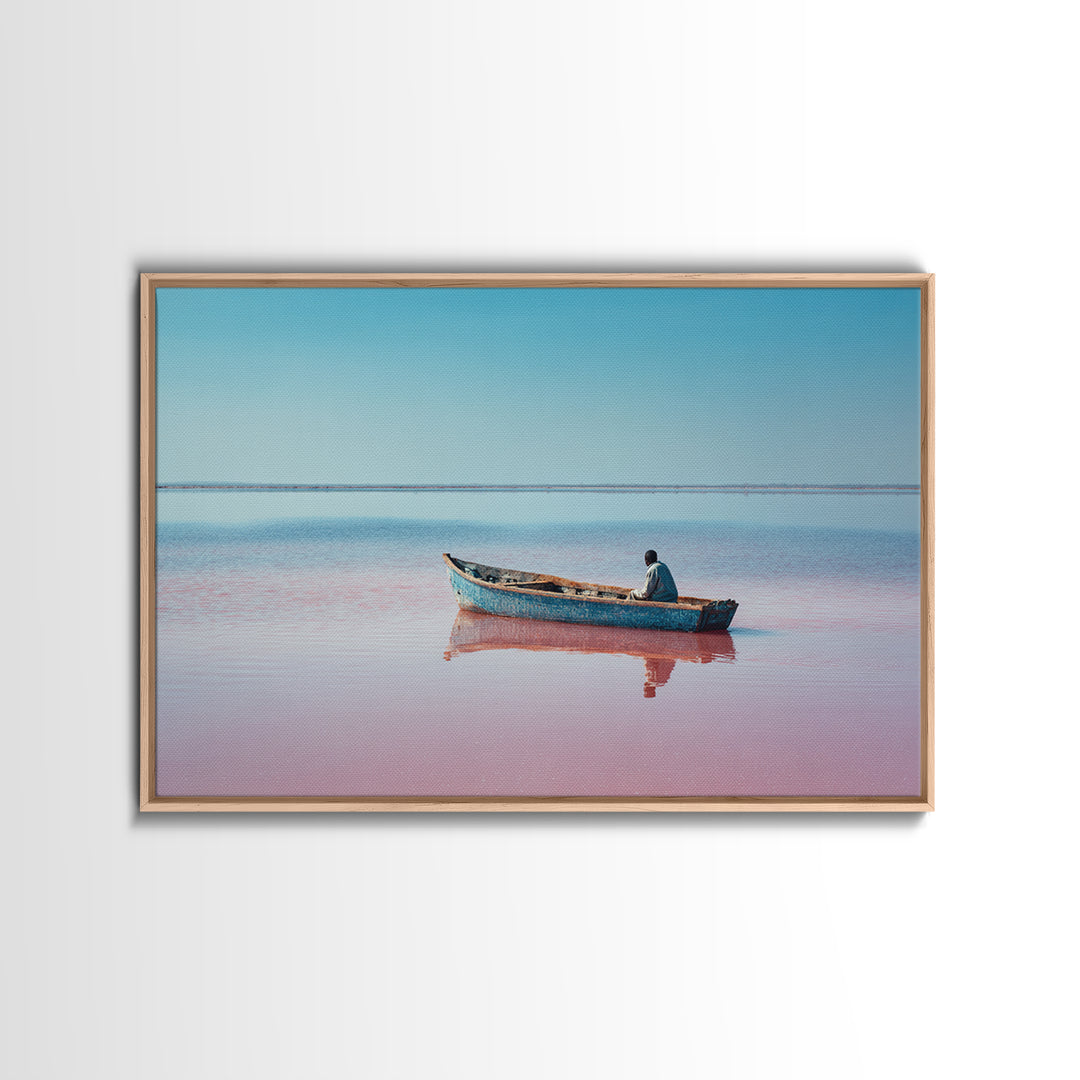 Lone Blue Boat On Pink Lake Canvas Print, African Landscape, Minimalist Travel Poster, Serene Coastal Wall Decor Gift For Home