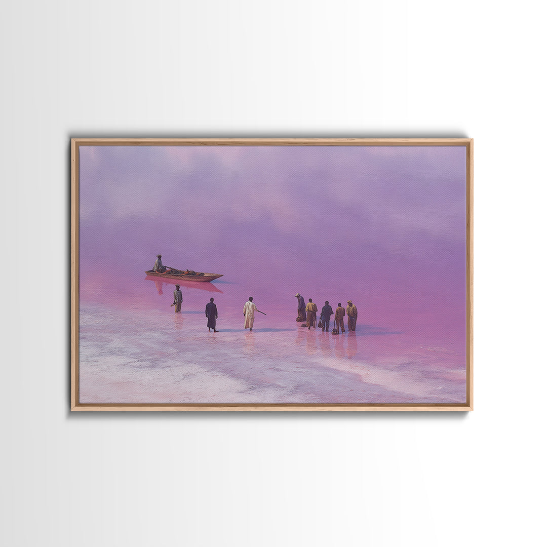 Purple Pink Salt Lake Boat Scene Wall Art, African Landscape, Coastal Travel Poster, Cultural Home Decor, Large Canvas Print