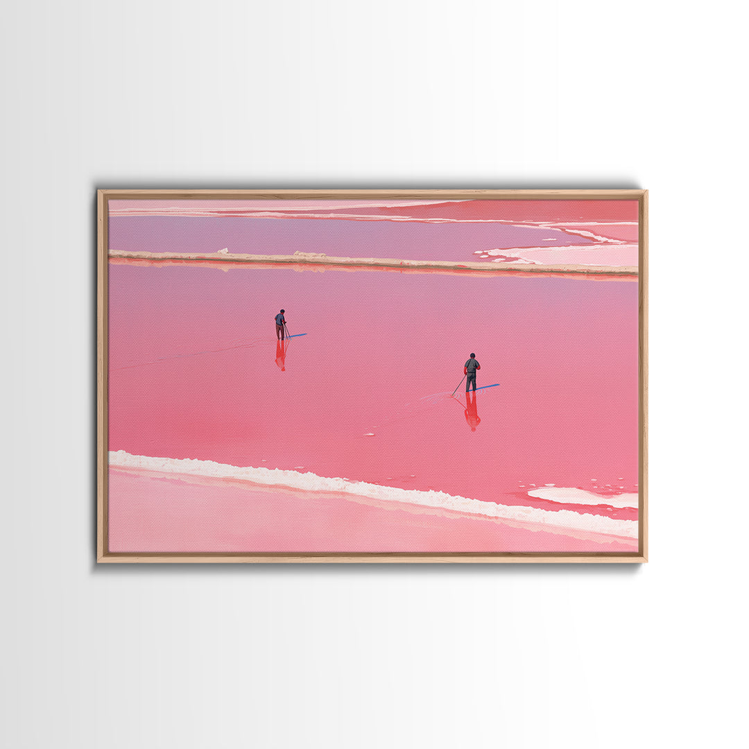 Two Figures Walking Pink Salt Flats Wall Art, Minimalist African Landscape, Dreamy Pink Decor, Modern Coastal Canvas Print