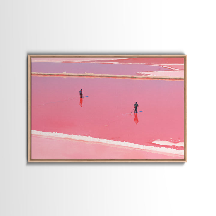 Two Figures Walking Pink Salt Flats Wall Art, Minimalist African Landscape, Dreamy Pink Decor, Modern Coastal Canvas Print