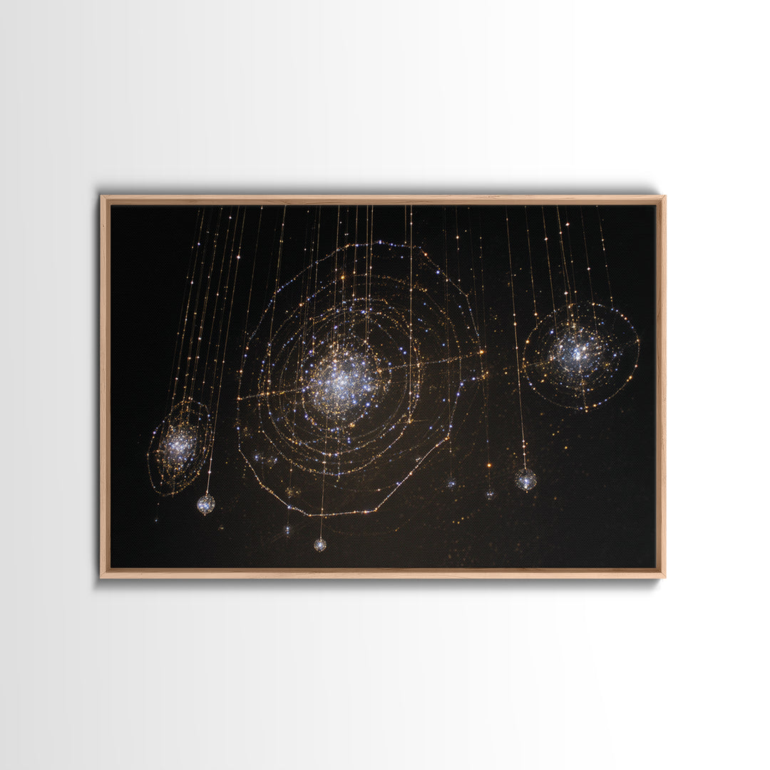 Golden Hanging Galaxy Lights Wall Art, Abstract Black Background, Spiritual Modern Art, Luxury Home Decor, Dreamy Canvas Print