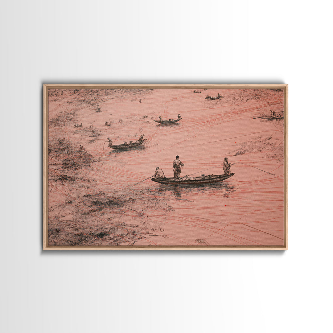 Aerial Pink Salt Lake Boats And Tracks Wall Art, African Landscape, Minimalist Coastal Poster, Earth Tone Canvas Print Decor