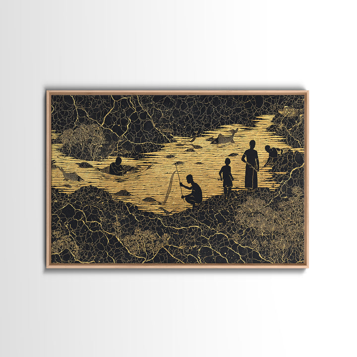 Golden River Village Silhouettes Wall Art, African Wall Art, Black Culture Art, Tribal Landscape, Cultural Home Decor Gift