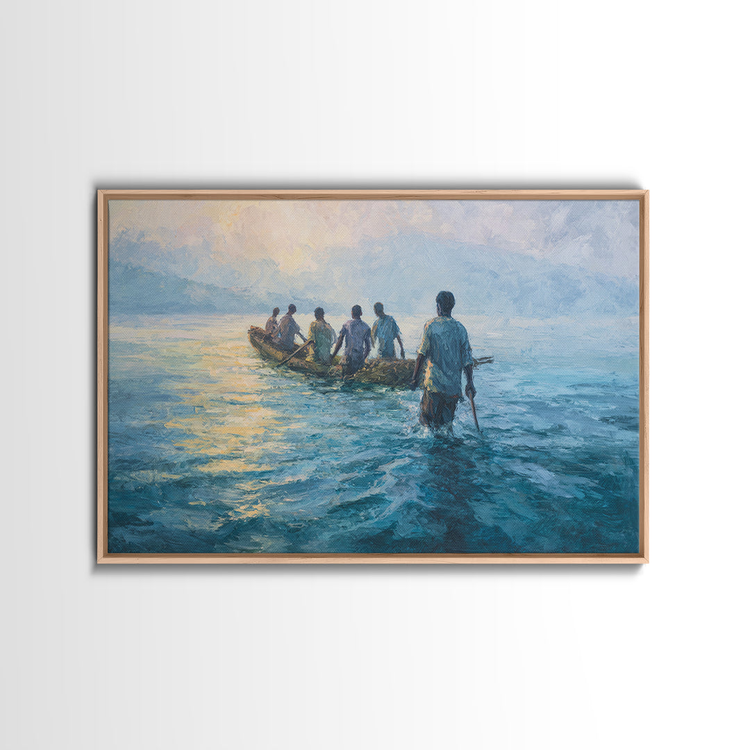 Blue Lake Fishermen In Canoe Canvas Print, African Art Print, Coastal Water Painting, Living Room Decor, Unique Canvas Gift