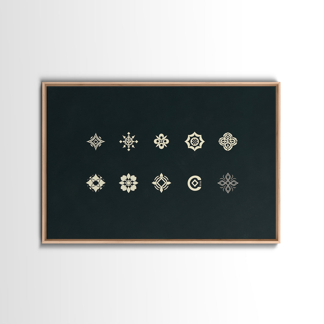 Cream Tribal Symbols On Black Canvas Print, African Patterns, Geometric Wall Art, Minimalist Decor, Ethnic Home Decor Gift