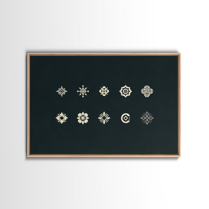 Cream Tribal Symbols On Black Canvas Print, African Patterns, Geometric Wall Art, Minimalist Decor, Ethnic Home Decor Gift