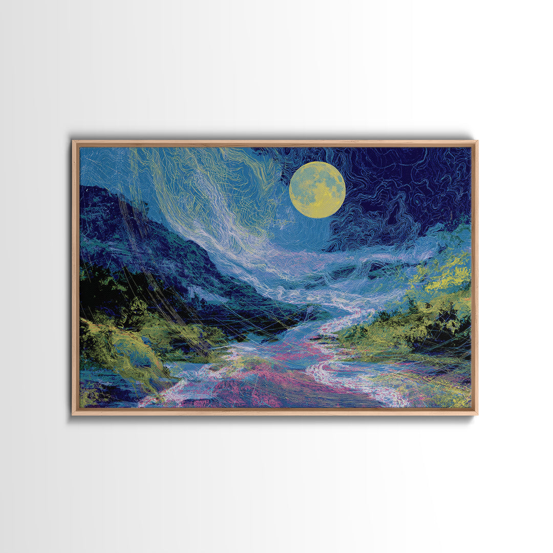 Blue Moonlit River Through Mountains Wall Art, Dreamy Wall Art, Nature Scene Art, Blue Home Decor, Large Decor Art, Living Room Art
