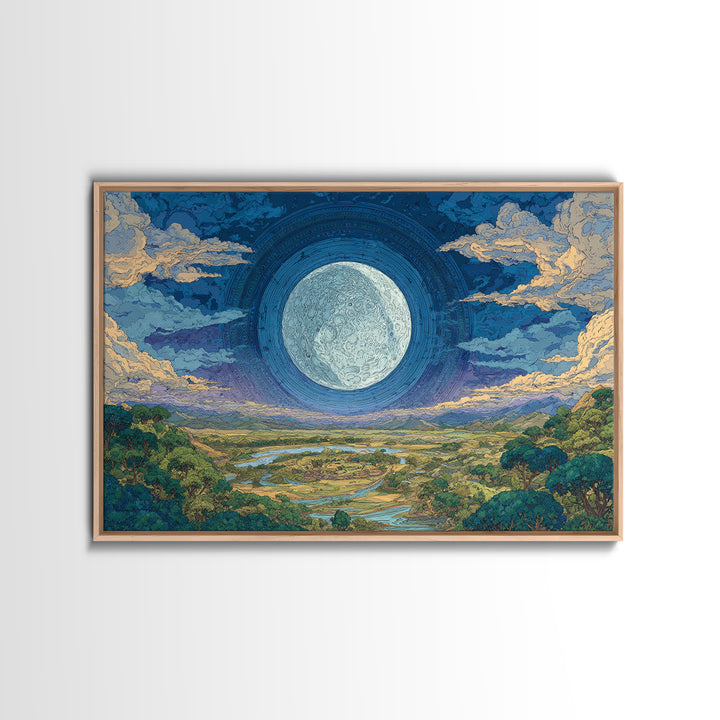 Giant Moon Over River Valley Canvas Print, Dreamy Wall Art, Nature Scene Art, Blue And Green Decor, Landscape Wall Decor