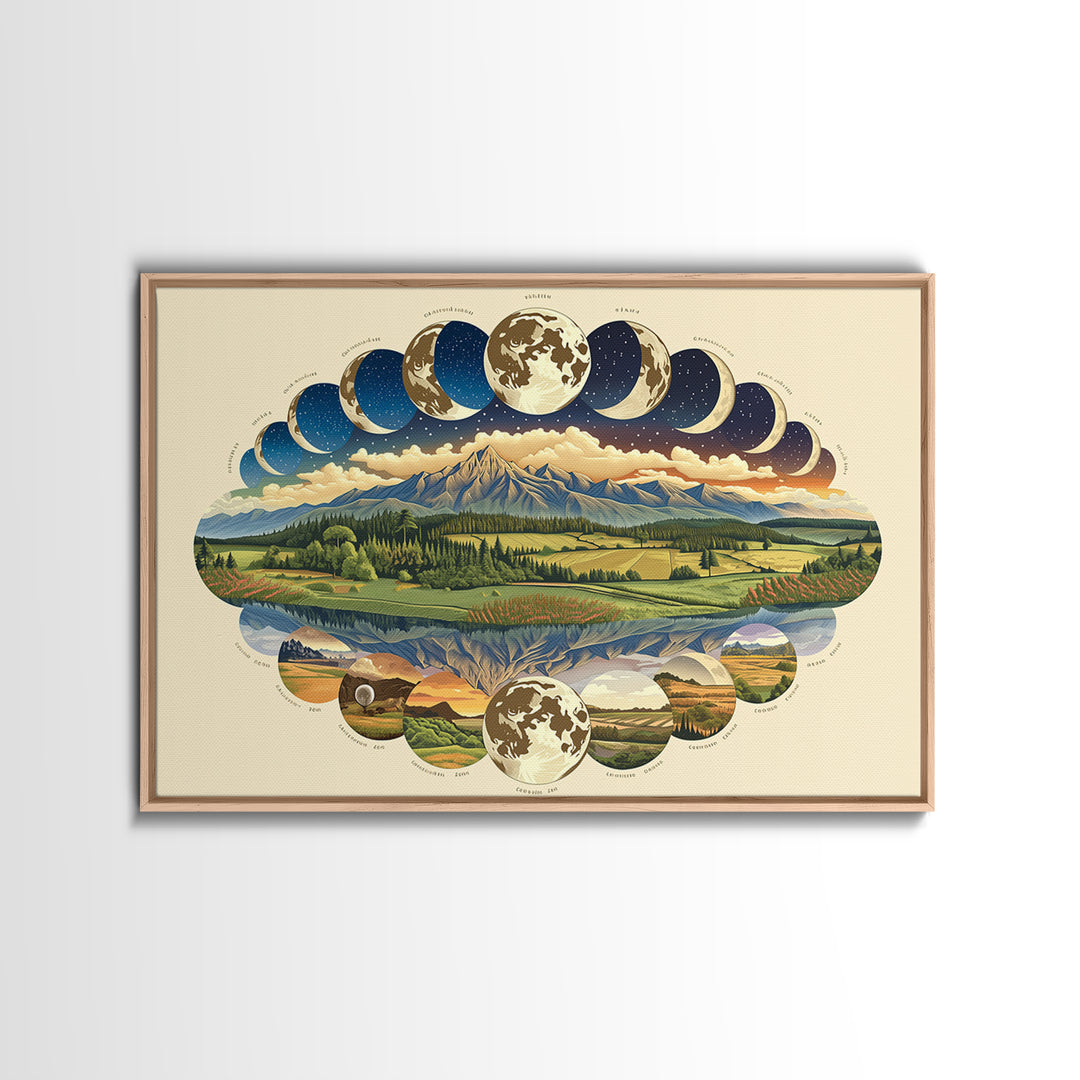 Moon Phases Over Mountain Lake Framed Canvas Print, Nature Scene Art, Spiritual Wall Art, Boho Wall Decor, Gift For Art Lovers