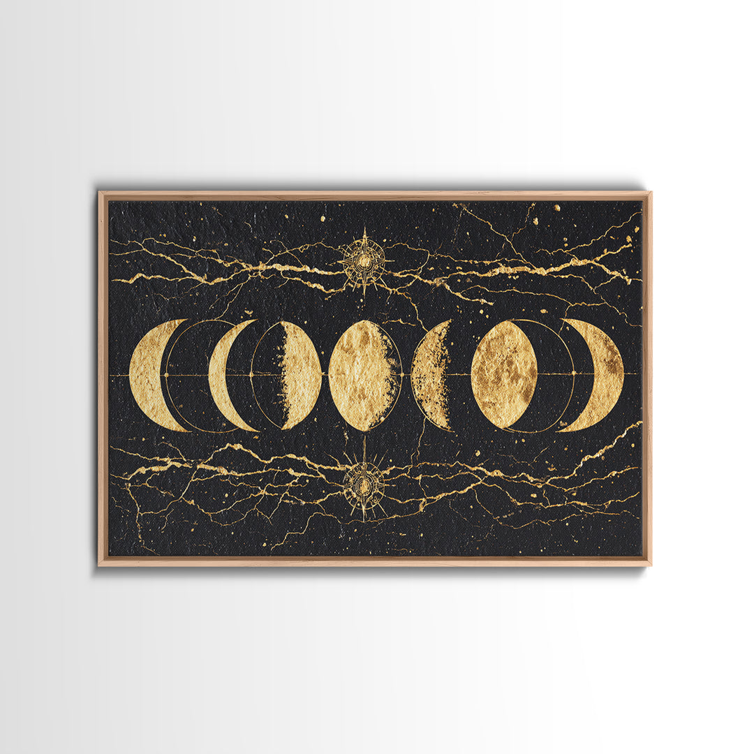 Gold Moon Phase Celestial Wall Art, Black Marble Lunar Decor, Mystical Astronomy Print, Boho Spiritual Home Decor Gift For Her
