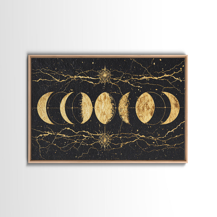 Gold Moon Phase Celestial Wall Art, Black Marble Lunar Decor, Mystical Astronomy Print, Boho Spiritual Home Decor Gift For Her