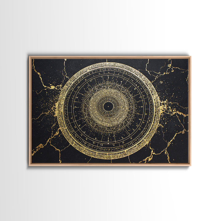 Gold Zodiac Wheel Framed Canvas Print, Astrological Chart Wall Decor, Celestial Astronomy Art, Mystical Home Decor Gift Idea