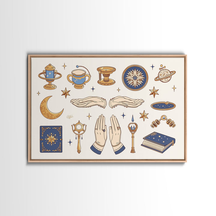 Mystic Witch Hands And Stars Wall Art, Occult Objects Illustration, Tarot Celestial Decor, Boho Spiritual Gift For Her Print