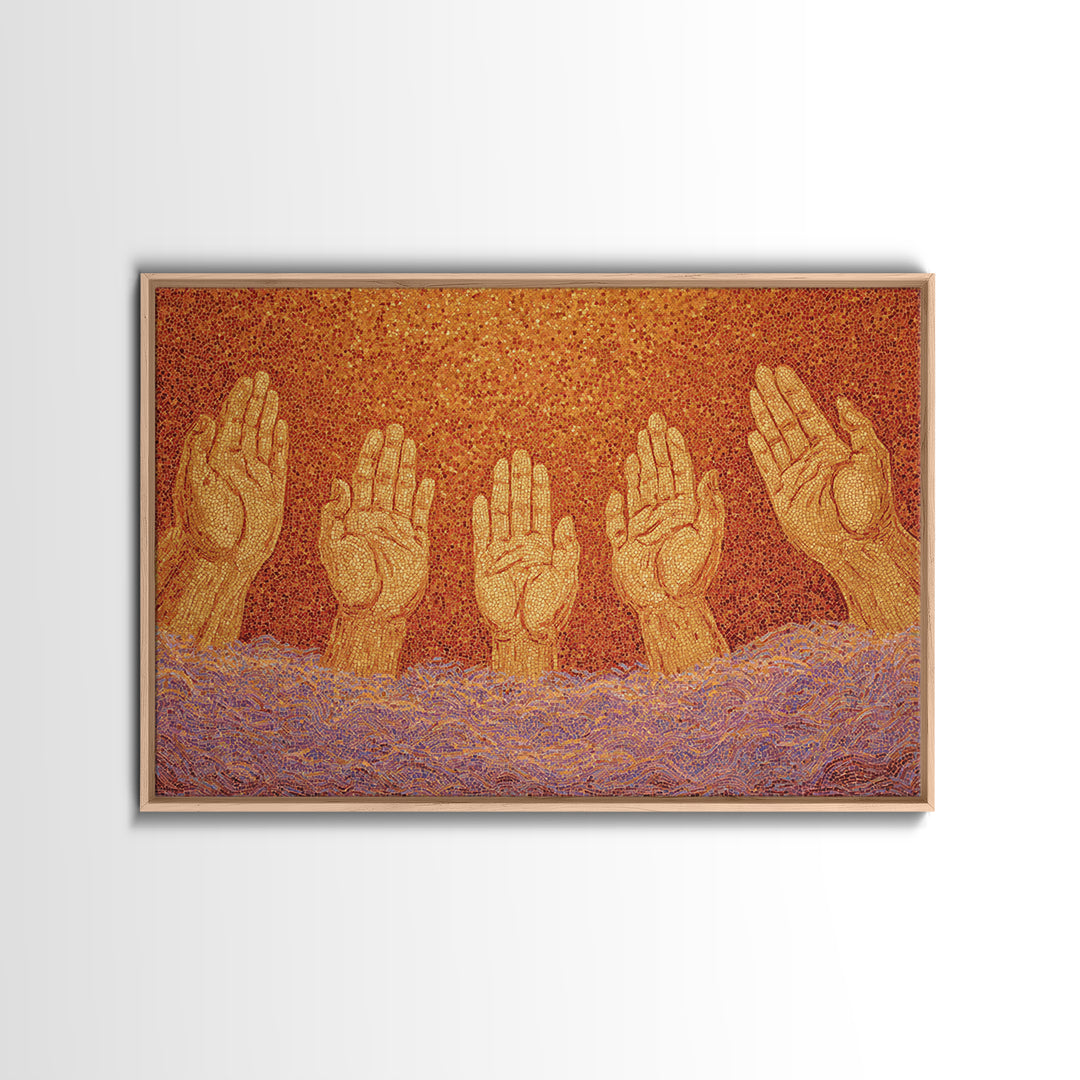 Golden Raised Hands Wall Art, Orange Mosaic Spiritual Painting, Empowerment Prayer Decor, Abstract Contemporary Home Gift