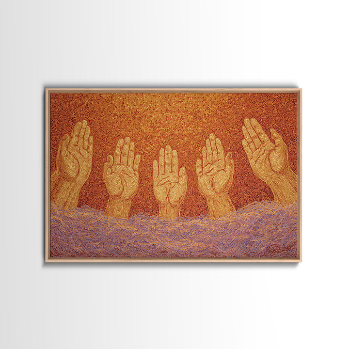 Golden Raised Hands Wall Art, Orange Mosaic Spiritual Painting, Empowerment Prayer Decor, Abstract Contemporary Home Gift