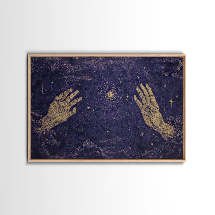 Celestial Reaching Hands Wall Art, Purple Starry Night Spiritual Decor, Mystical Astronomy Print, Dreamy Home Gift For Her