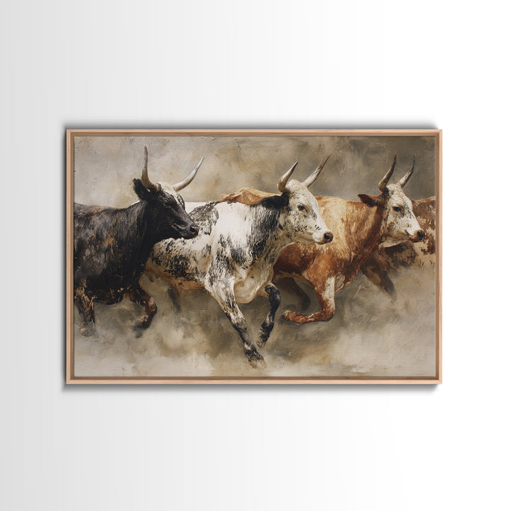 Three Longhorn Bulls In Motion Framed Canvas Print, African Safari Decor, Rustic Western Animal Wall Art For Living Room