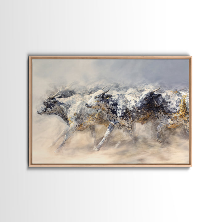 Dusty Spotted Bulls Racing Across Plain Canvas Print, African Safari Animal Art, Neutral Earth Tone Wall Decor Gift For Home