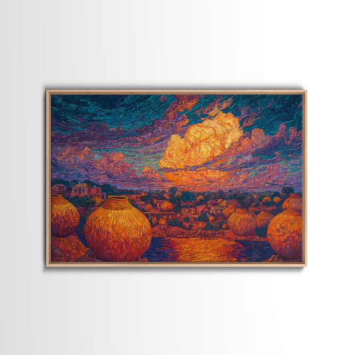 African Village Sunset With Clay Pots Wall Art, Colorful Landscape Print, Afrocentric Home Decor, Motherland Culture Art