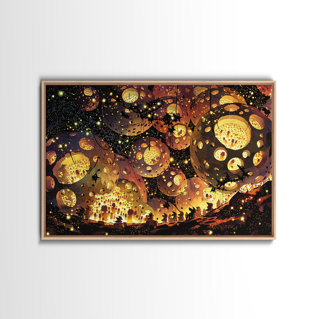 Glowing African Lantern Festival Canvas Print, Magical Night Wall Decor, Boho Afrocentric Art, Warm Golden Home Decor Gift