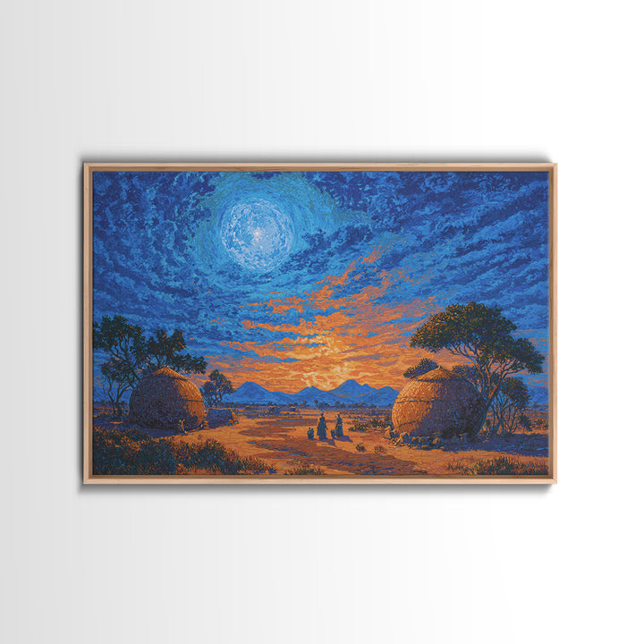 Moonlit African Village Landscape Wall Art, Blue Sunset Safari Decor, Motherland Hut Print, Serene Nature Scene Art Gift For Home