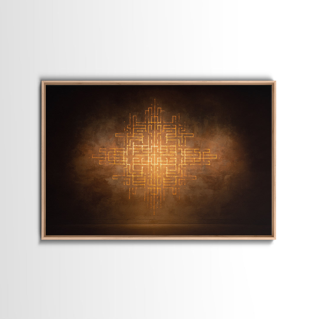 Glowing Gold Geometric Totem Canvas Print, African Abstract Wall Decor, Spiritual Symbol Art, Warm Brown Luxury Home Decor