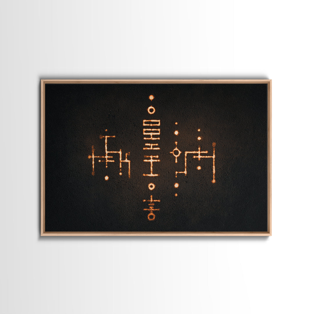 Glowing Orange Tribal Markings Canvas Print, African Symbol Wall Decor, Minimalist Black Abstract Art, Spiritual Home Decor