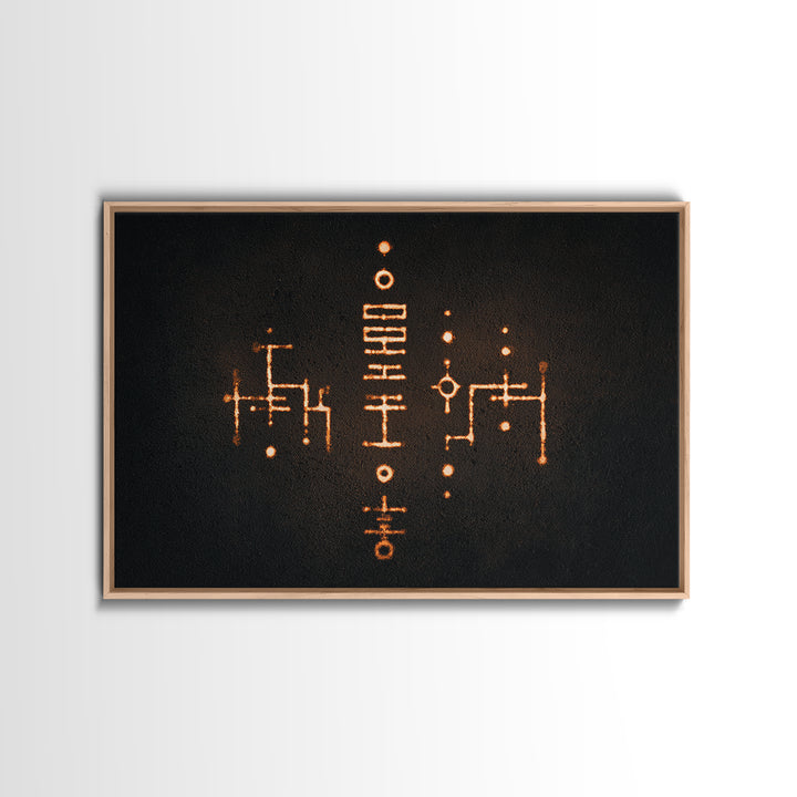 Glowing Orange Tribal Markings Canvas Print, African Symbol Wall Decor, Minimalist Black Abstract Art, Spiritual Home Decor