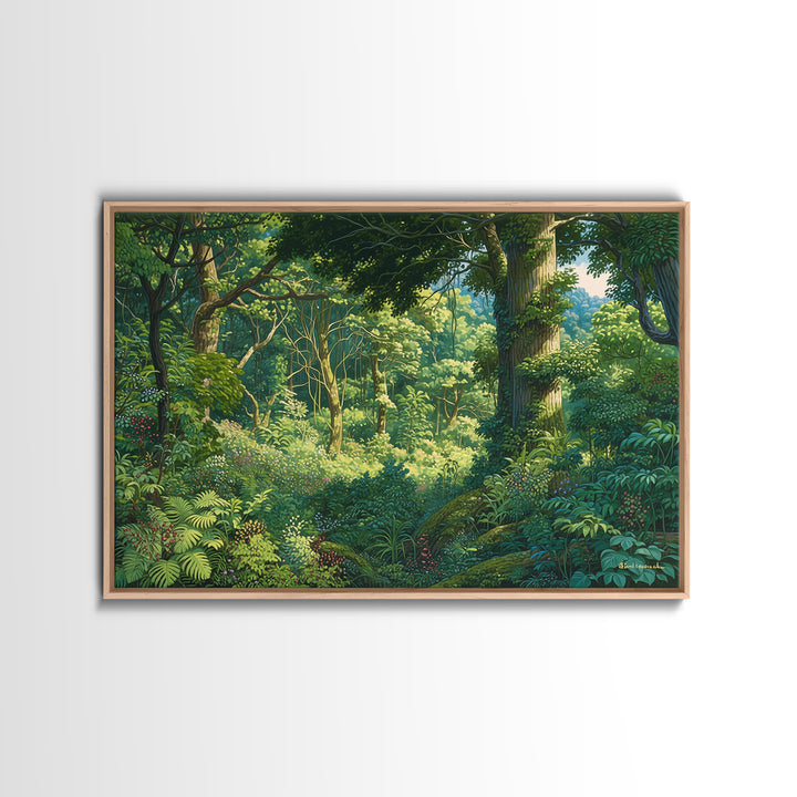 Sunlit Lush African Jungle Wall Art, Green Forest Landscape Canvas, Nature Scene Decor, Boho Living Room Statement Gift, Home Decor