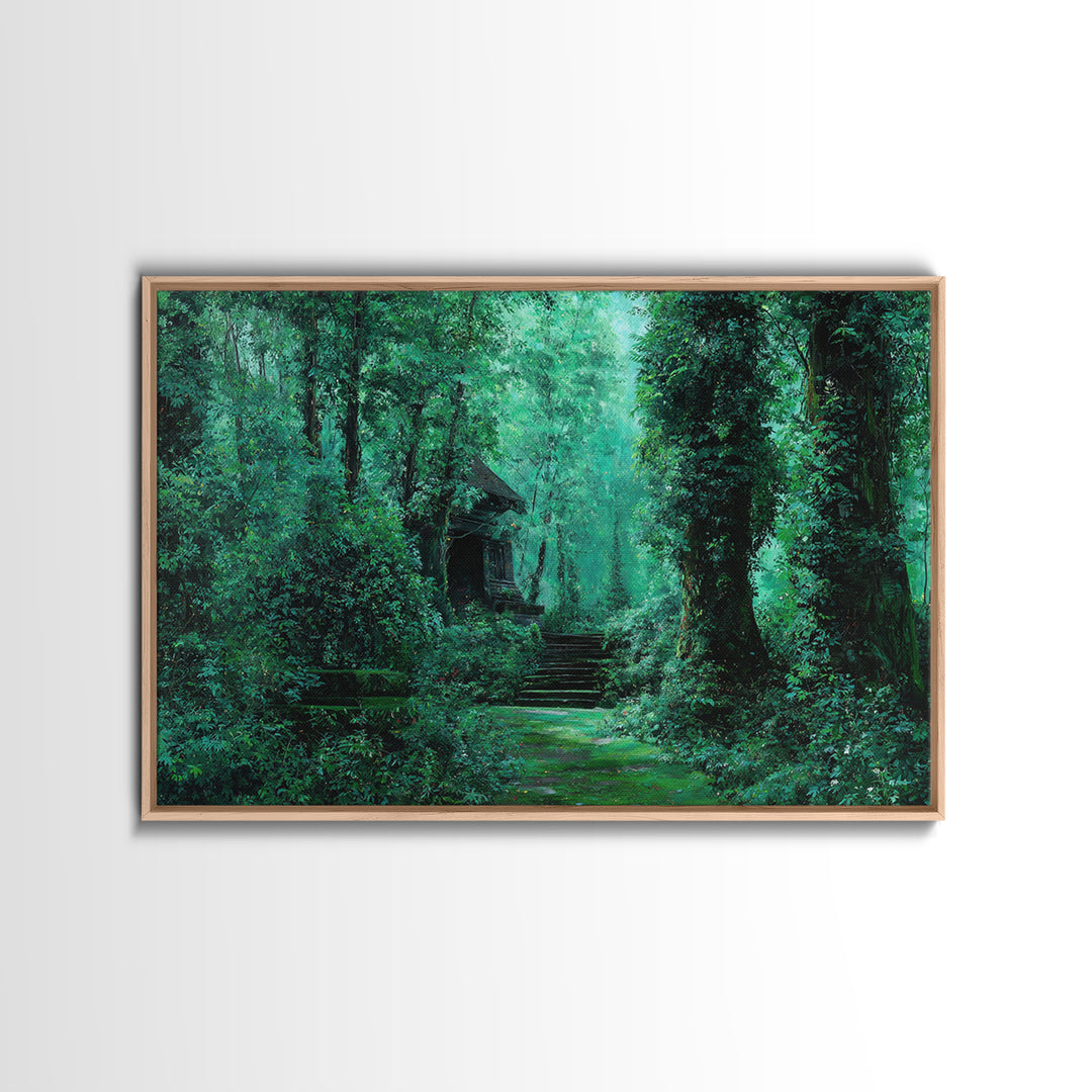 Emerald Forest Ruins And Stone Steps Canvas Print, African Landscape Wall Decor, Mystical Jungle Art, Dreamy Green Home Decor