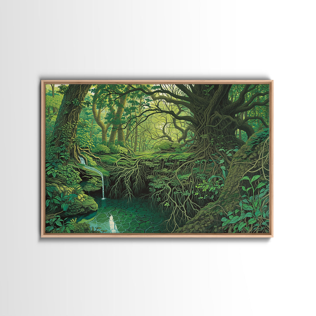 Ancient Emerald Forest Creek And Twisted Roots Wall Art, Green Nature Landscape Canvas, Mystical Jungle Home Decor For Living Room