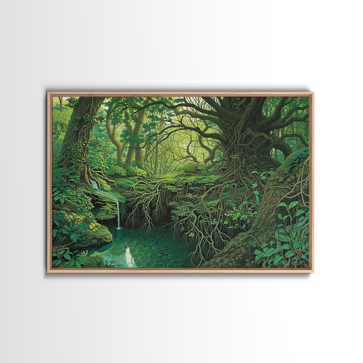 Ancient Emerald Forest Creek And Twisted Roots Wall Art, Green Nature Landscape Canvas, Mystical Jungle Home Decor For Living Room