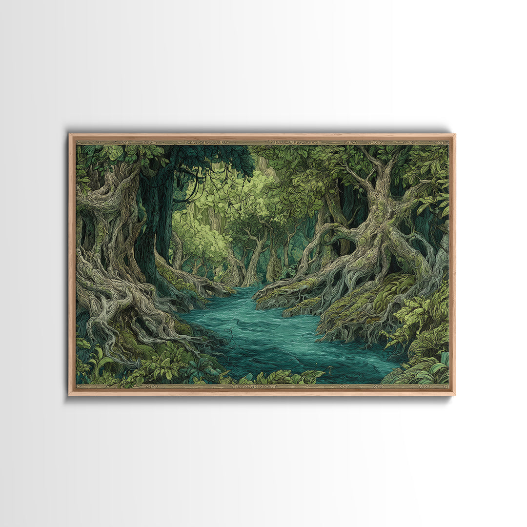 Enchanted River Forest With Ancient Roots Framed Canvas Print, Green Jungle Landscape Wall Decor, Mystical Nature Artwork