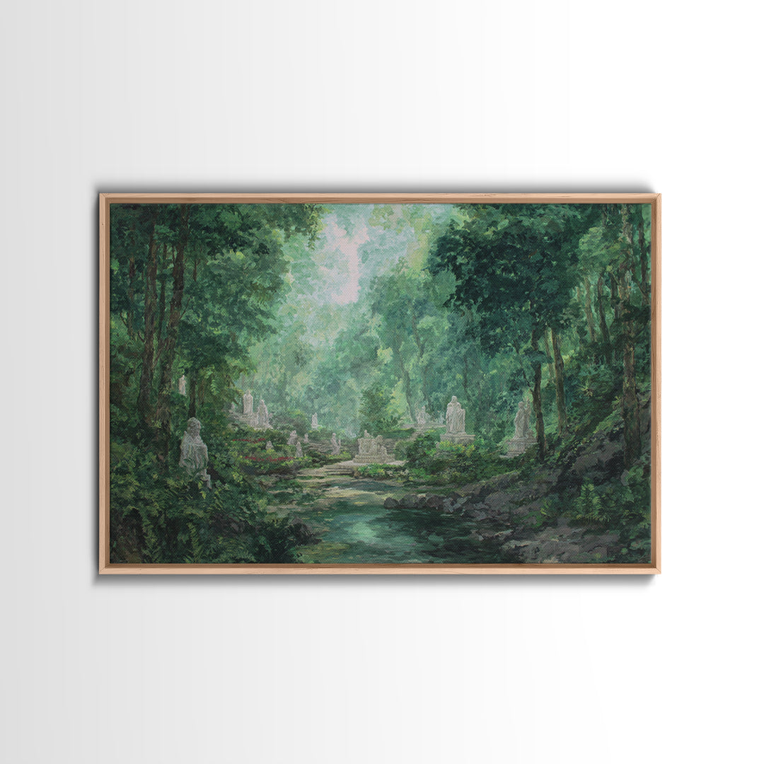 Misty Forest Ruins With Statues And Stream Wall Art, Green Nature Landscape Painting, Dreamy Garden Decor For Living Room