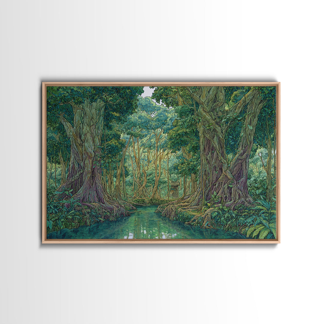 Lush Jungle River Between Towering Trees Canvas Print, Green Nature Landscape Wall Decor, Boho Tropical Living Room Art Print