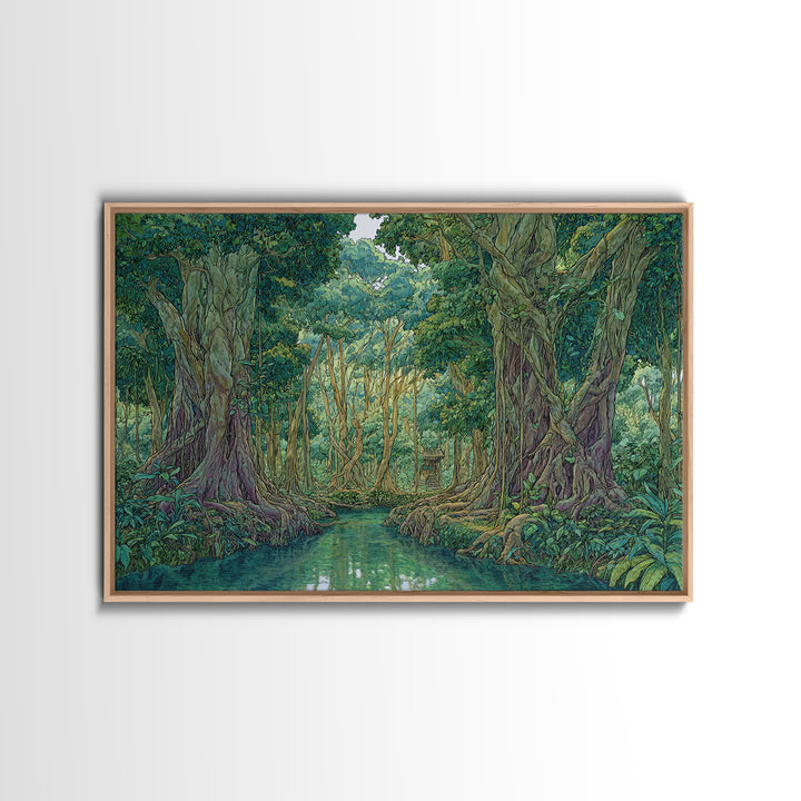 Lush Jungle River Between Towering Trees Canvas Print, Green Nature Landscape Wall Decor, Boho Tropical Living Room Art Print