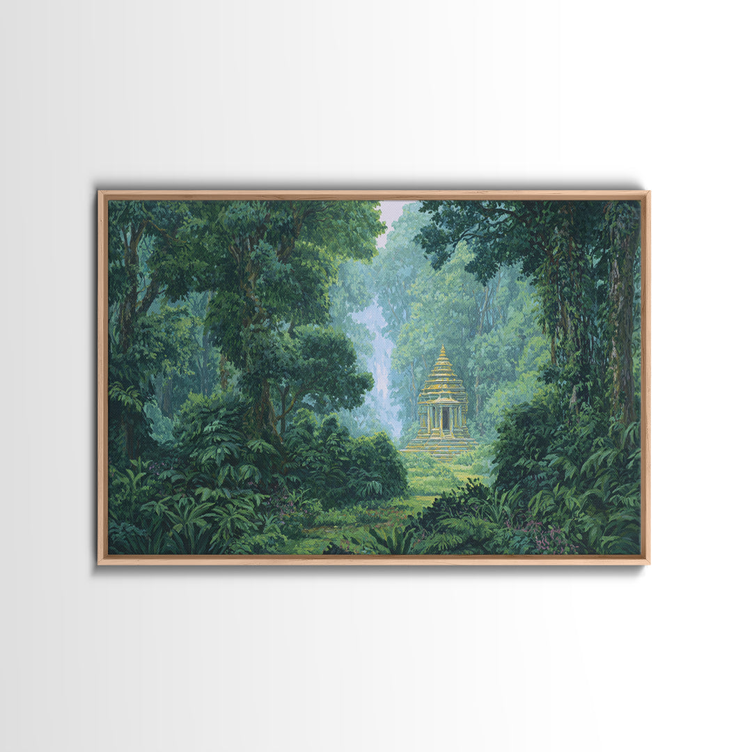 Hidden Golden Temple In Misty Jungle Framed Canvas Print, Green Nature Landscape Wall Decor, Spiritual Tropical Home Art