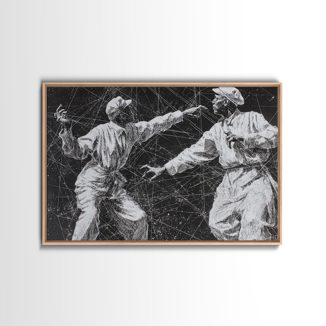 Black And White African Dancers Under Star Lines Wall Art, Afrocentric Art Print, Black Culture Decor, Modern Tribal Artwork