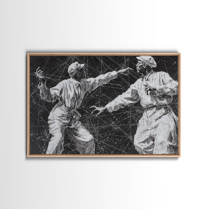 Black And White African Dancers Under Star Lines Wall Art, Afrocentric Art Print, Black Culture Decor, Modern Tribal Artwork