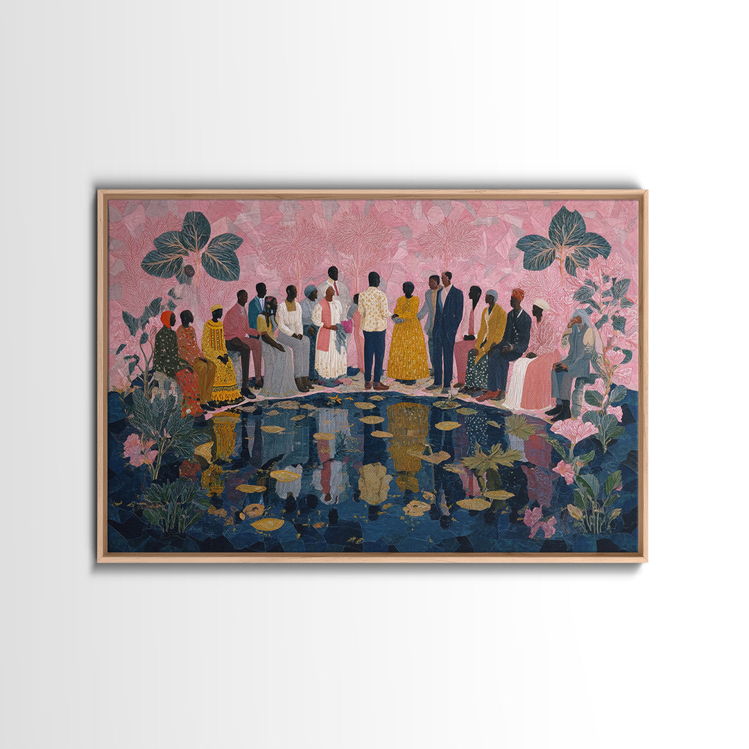 Elegant African Garden Ceremony By Lily Pond Canvas Print, Black Women Art, Afrocentric Wall Decor, Cultural Wedding Gift
