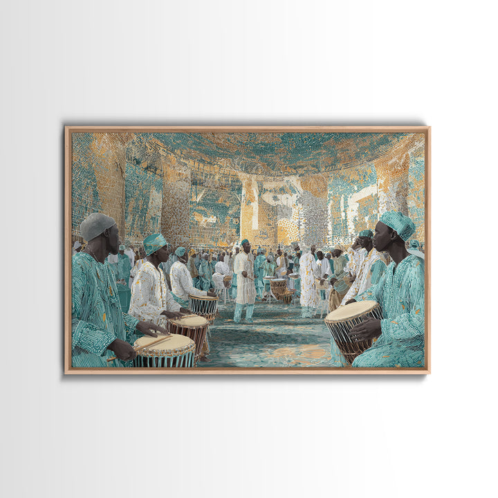 Turquoise African Drum Ceremony In Ornate Hall Framed Canvas Print, Afrocentric Wall Art, Cultural Decor, Luxury Home Gift