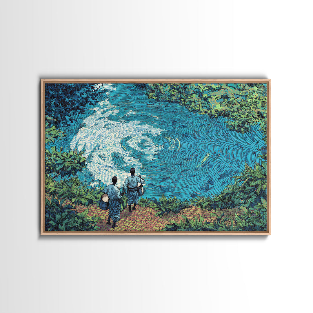 Blue River Spiral With African Musicians Wall Art, Nature Scene Art, Afrocentric Decor, Cultural Landscape Print, Home Decor Gift