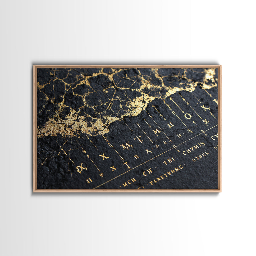 Black And Gold Ancient Map Detail Framed Canvas Print, African Inspired Wall Decor, Luxury Art, Mystic Office Decor Gift