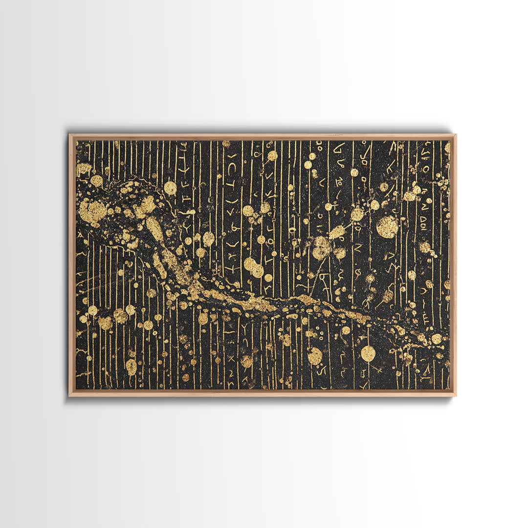 Black Gold Ancient Script Abstract Wall Art, African Inspired Luxury Canvas Decor, Textured Tribal Pattern Home Accent Print